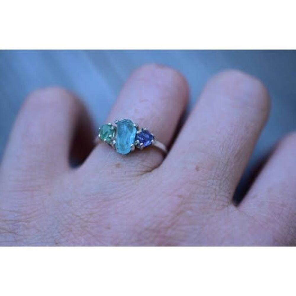 Aquamarine, emerald and tanzanite ring, alternative engagement rings, unique